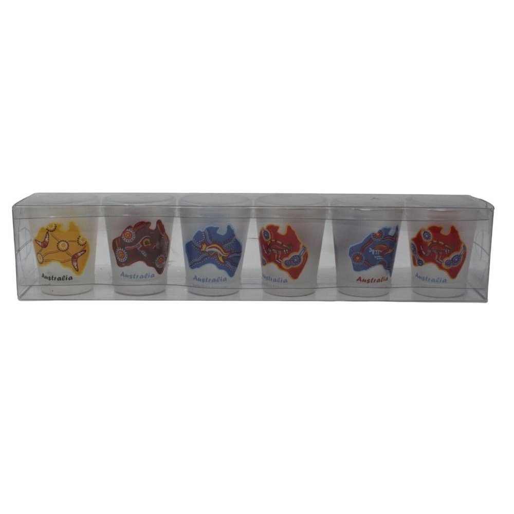 Souvenir Australia Map Frosted Shot Glasses Boomerangs Kangaroos Gift Set Of 6